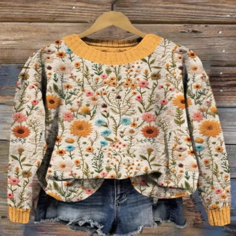 Little Flower digital printed round neck sweater in a floral pattern, made from polyester fabric.
