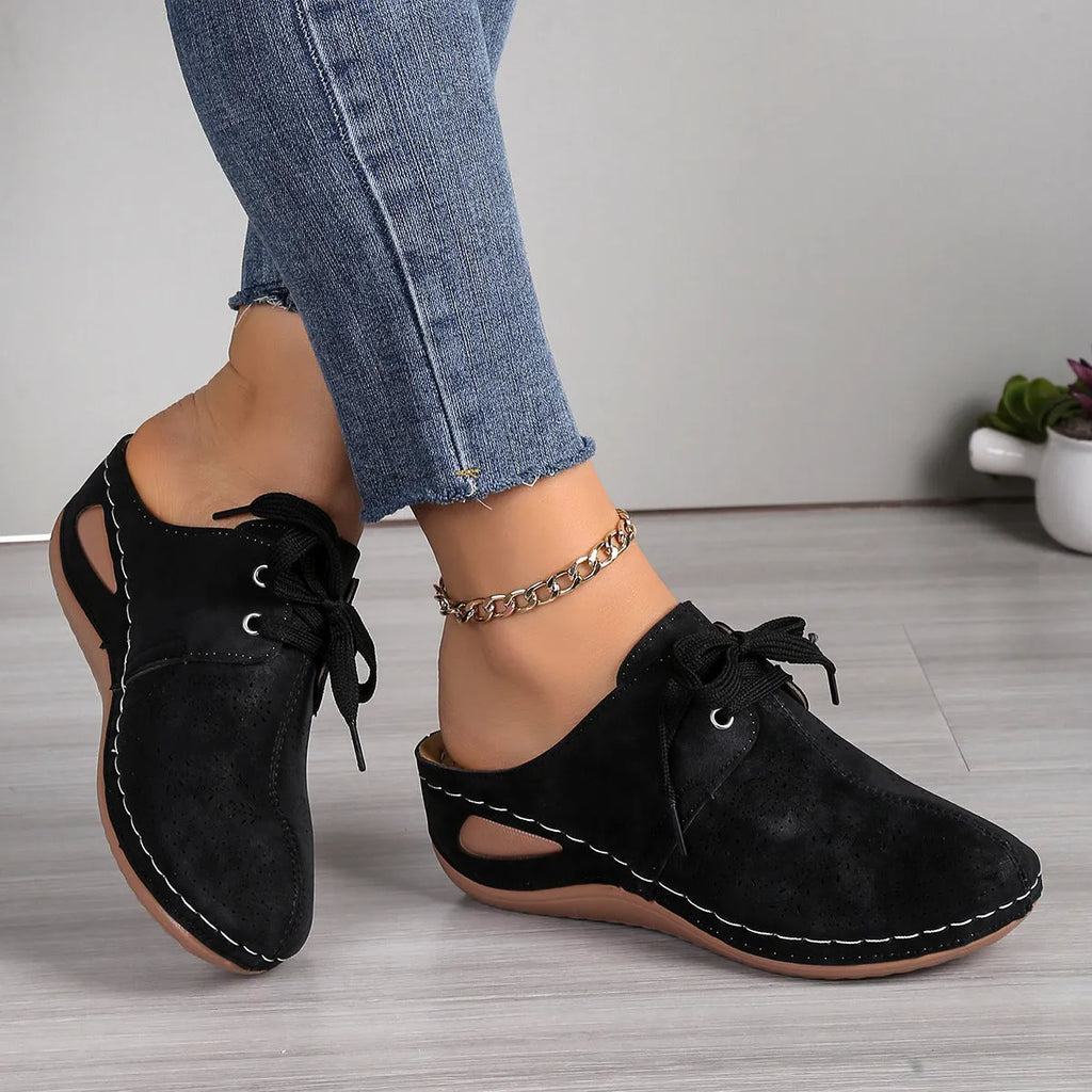 Women's suede lace-up summer slippers with hollow out wedges design in multiple colours