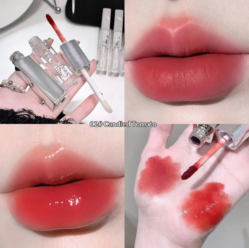 Double-ended dual-effect matte velvet lip gloss in five shades including Raspberry Sweet Peach and Candied Tomato