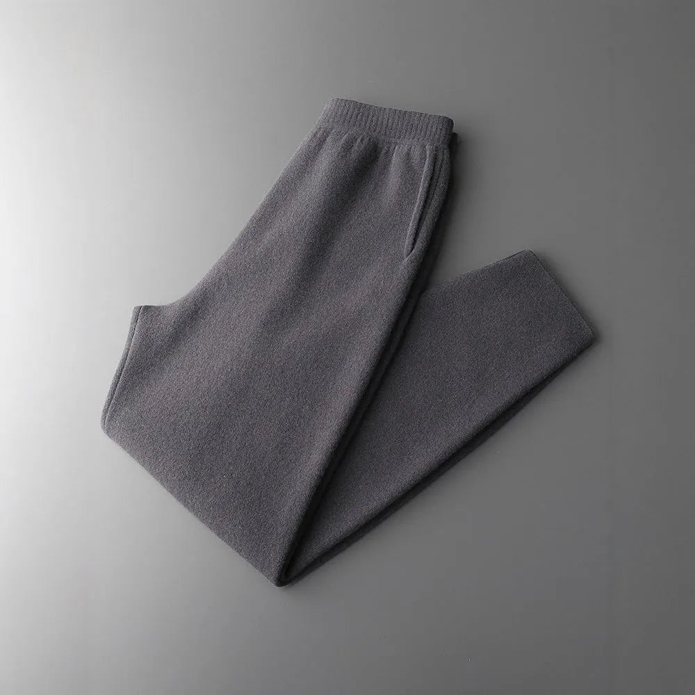 Men's thick cashmere high waist tapered trousers in black, elephant gray, and raw velvet, sizes M to XXL