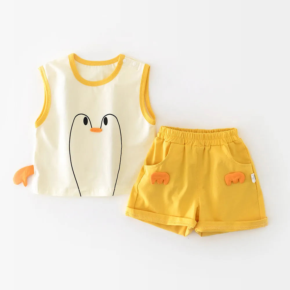 Big White Goose yellow cartoon shorts vest set for infants and toddlers, cotton blend, 73-100cm