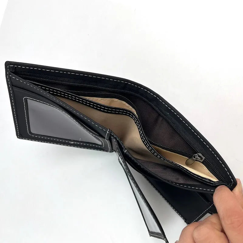 Men's black PU leather wallet with animal print pattern showing multiple card slots and zipper closure