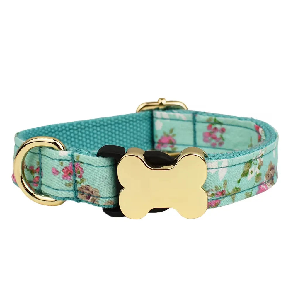 Flat nylon dog collar with printed grid pattern and a bone-shaped buckle in assorted colours.