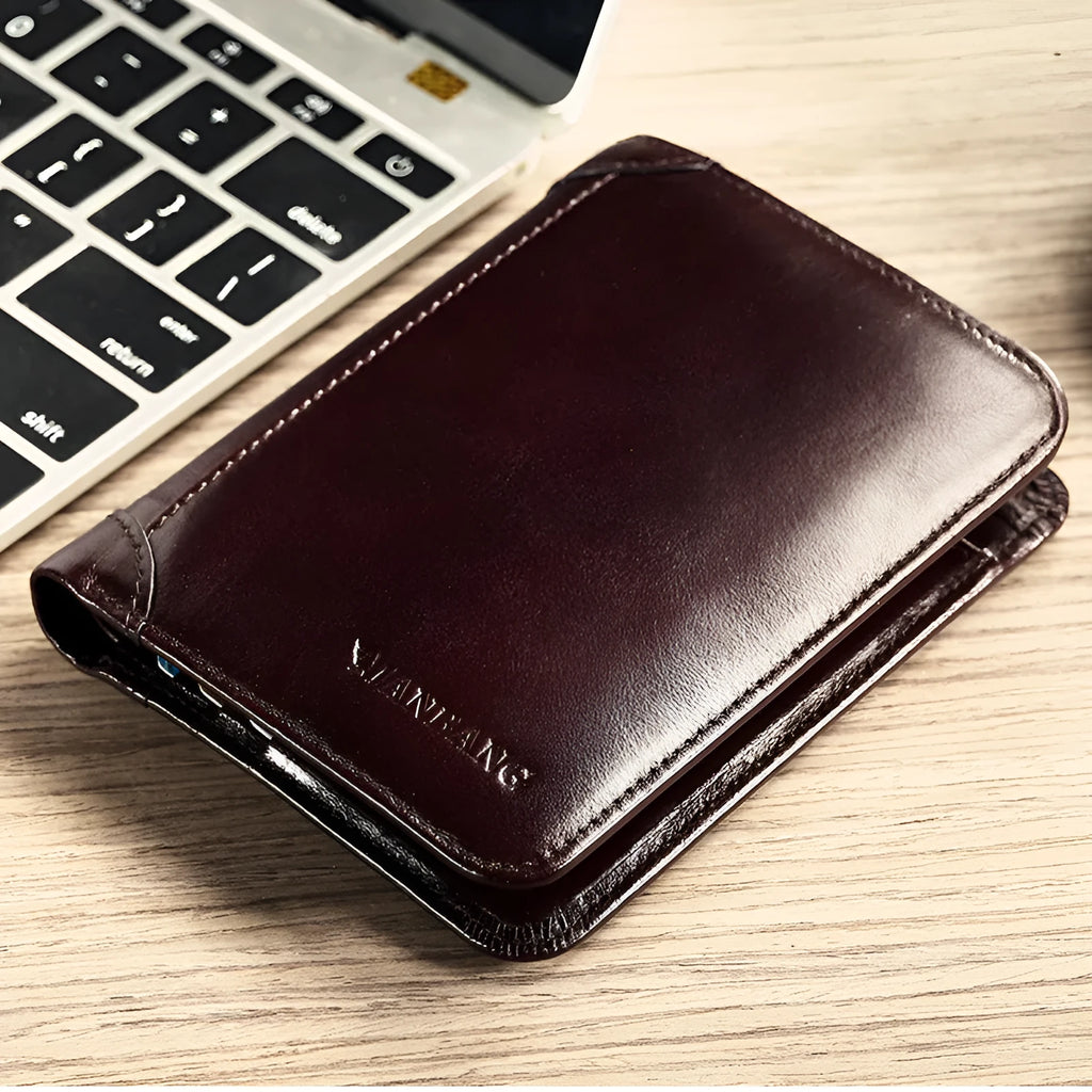Men's black full-grain leather bifold wallet open, showing card slots, note pocket, and zipped coin compartment.