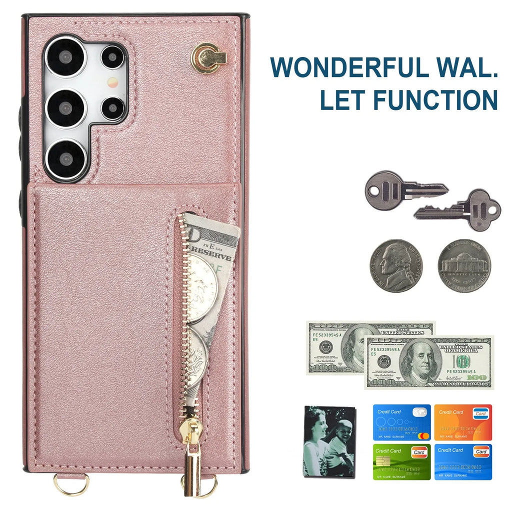Samsung phone case with card holder slot, kickstand bracket, and crossbody zipper in black PU leather.