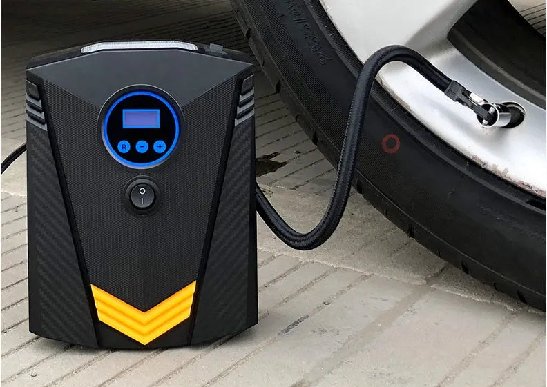 Black 12V electric tyre inflator with digital display, tyre pressure gauge and lighting