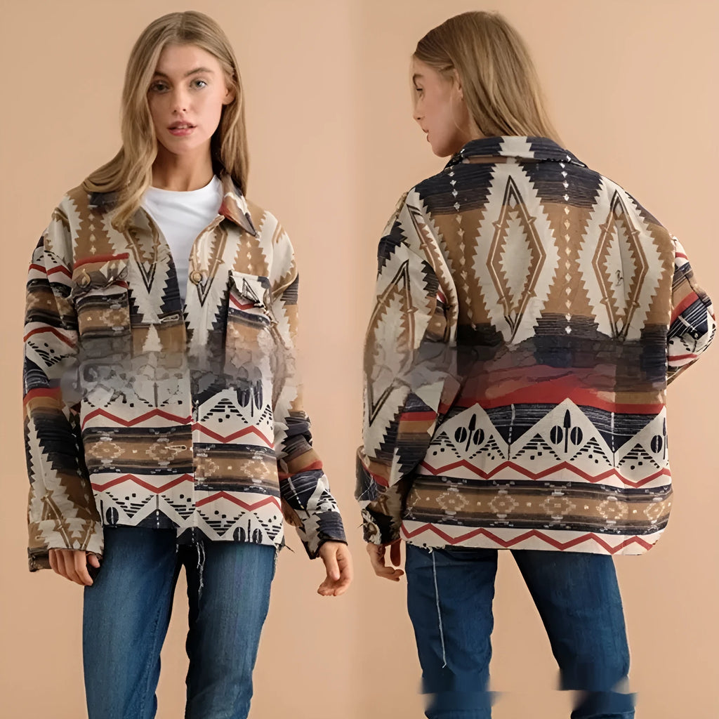 Women's loose-fit Aztec print retro jacket in woolen fabric, shown in Army Green.