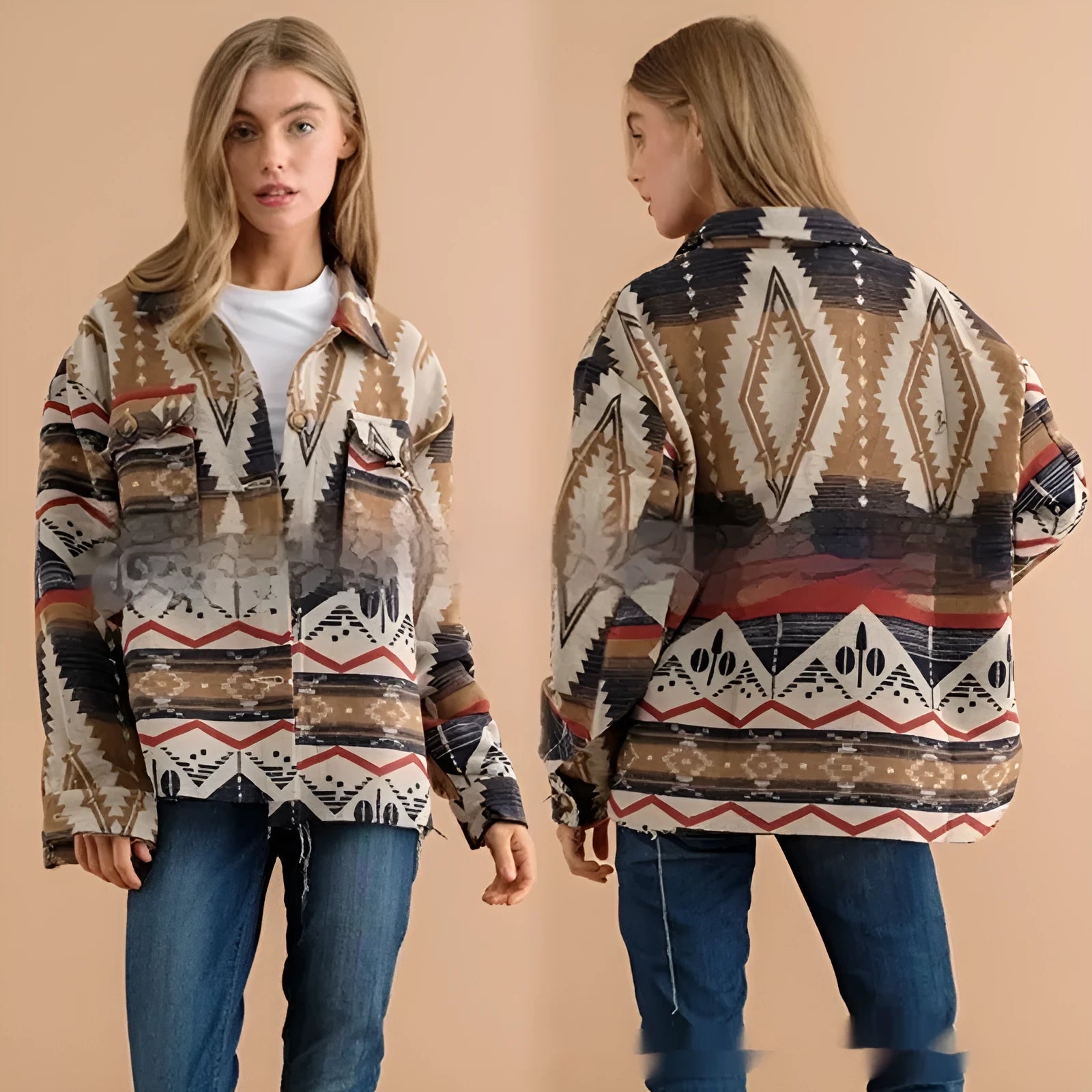 Women's loose-fit Aztec print retro jacket in woolen fabric, shown in Army Green.