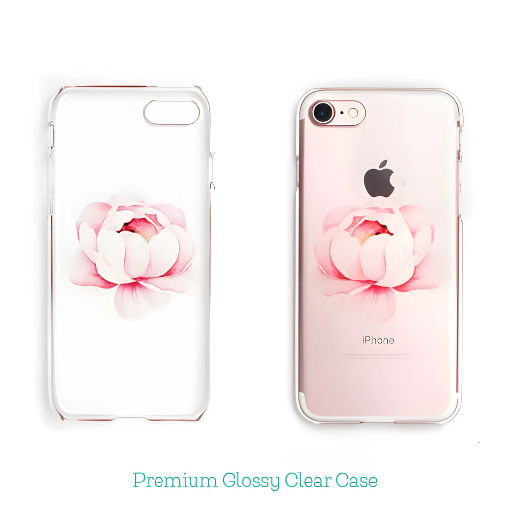 Transparent customisable phone case with printed design on back, showing phone model compatibility list.