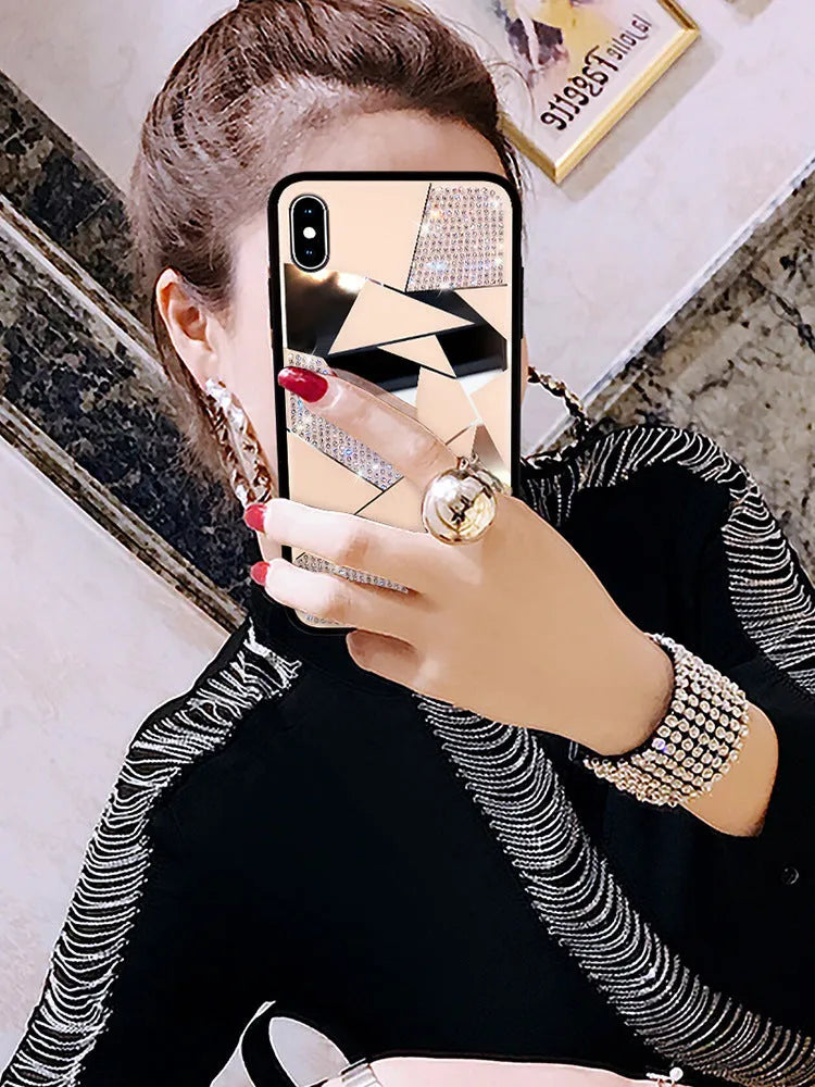 Rhinestone diamond mirror silicone phone case for Apple iPhone in gold or white
