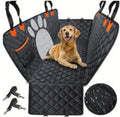 Pet car travel rear seat cushion in black with seat belt, designed for dog travel toilet and vehicle protection