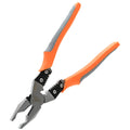 Orange-handled multi-function wire cutter pliers with chrome steel clamp head on a work surface.