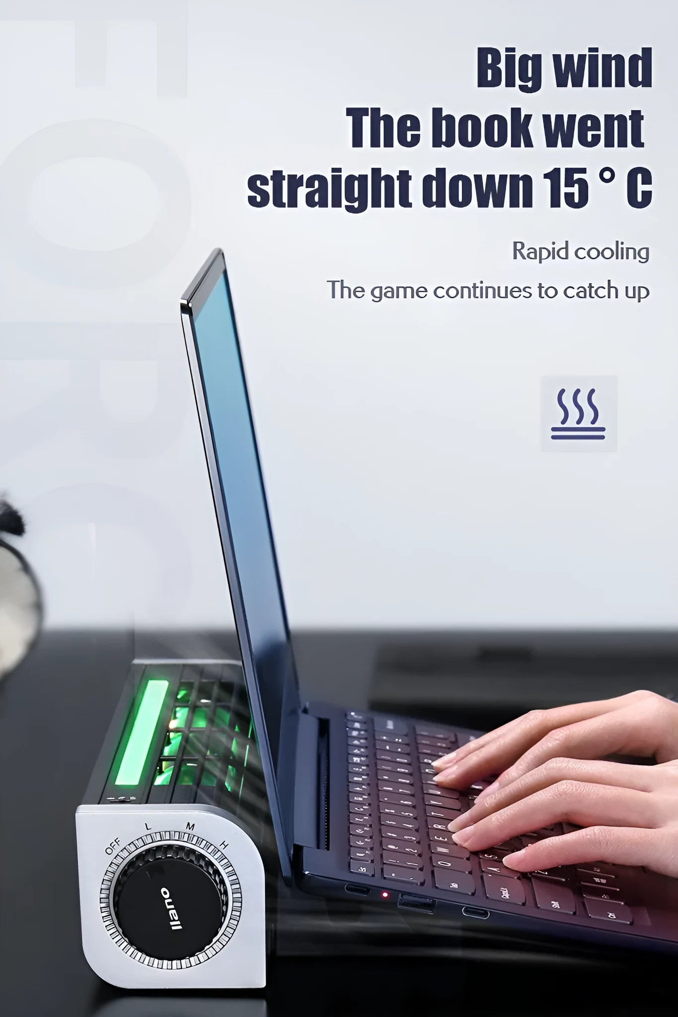 Black notebook cooling pad with turbo fan and adjustable front support leg for laptop ergonomics and cooling.