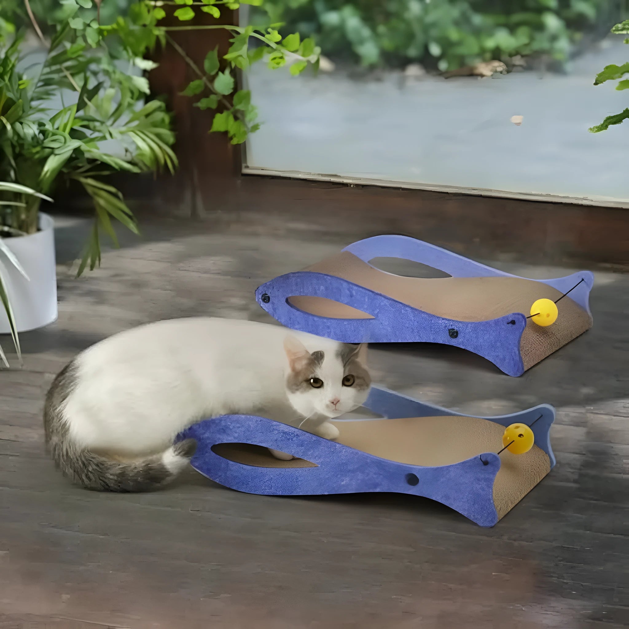 Blue fish-shaped cardboard cat scratcher with bell ball toys attached on elastic cord