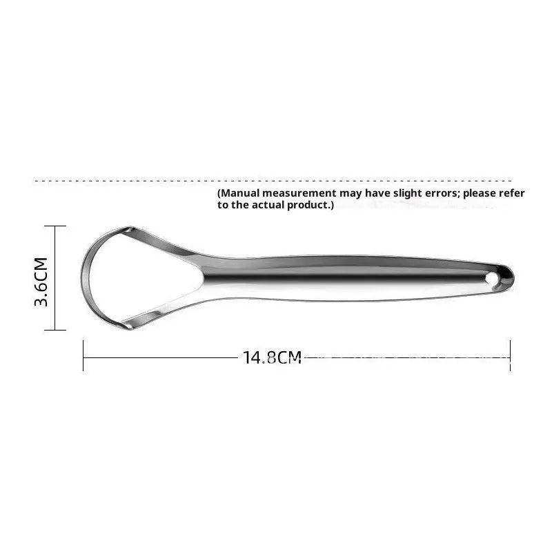 Stainless steel tongue scraper set with large opening U-shaped, small opening U-shaped, and spoon type scrapers in pearlescent bag packaging