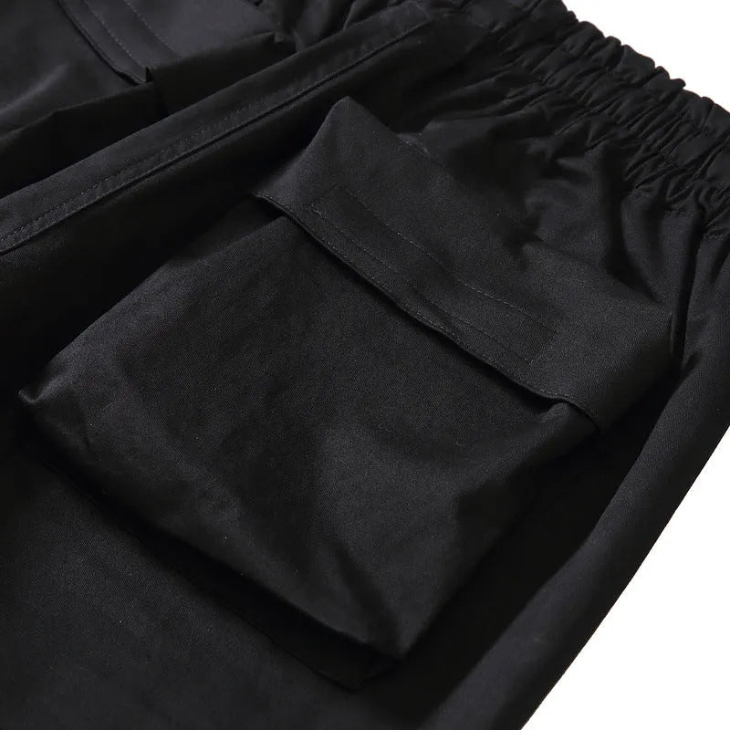 Men's cargo trousers in khaki or black, straight leg, mid-waist, drawstring ankle, cotton blend.