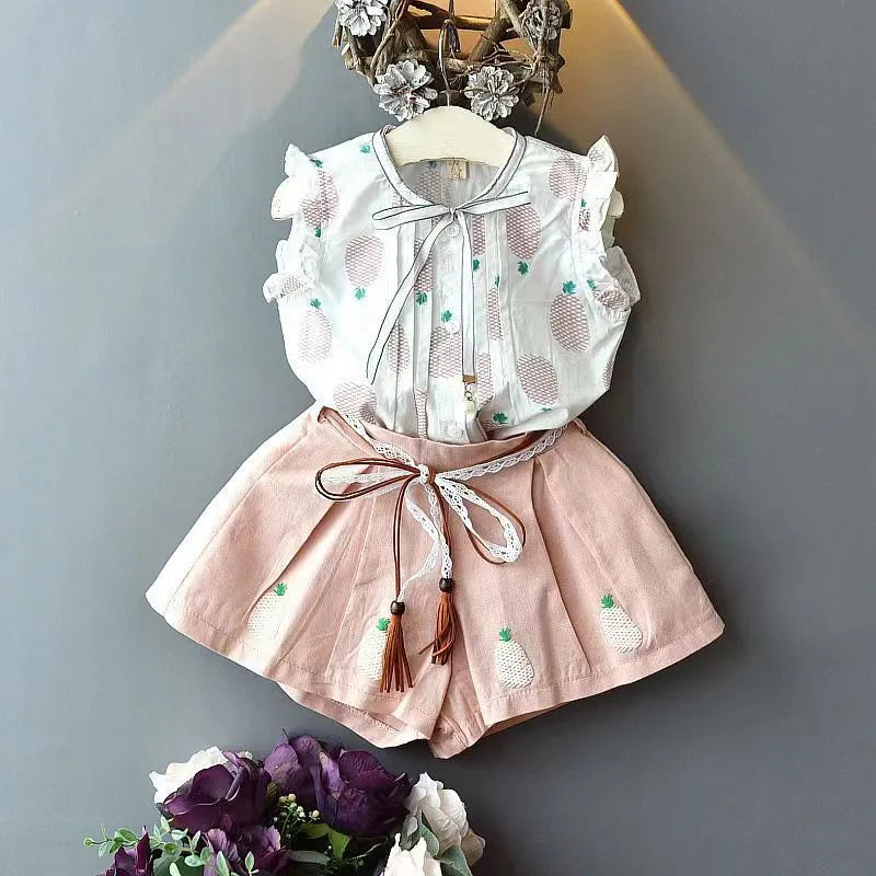 Girls' cotton sleeveless blouse and shorts two-piece set with dot print and bow, green and pink options for 100-140cm height