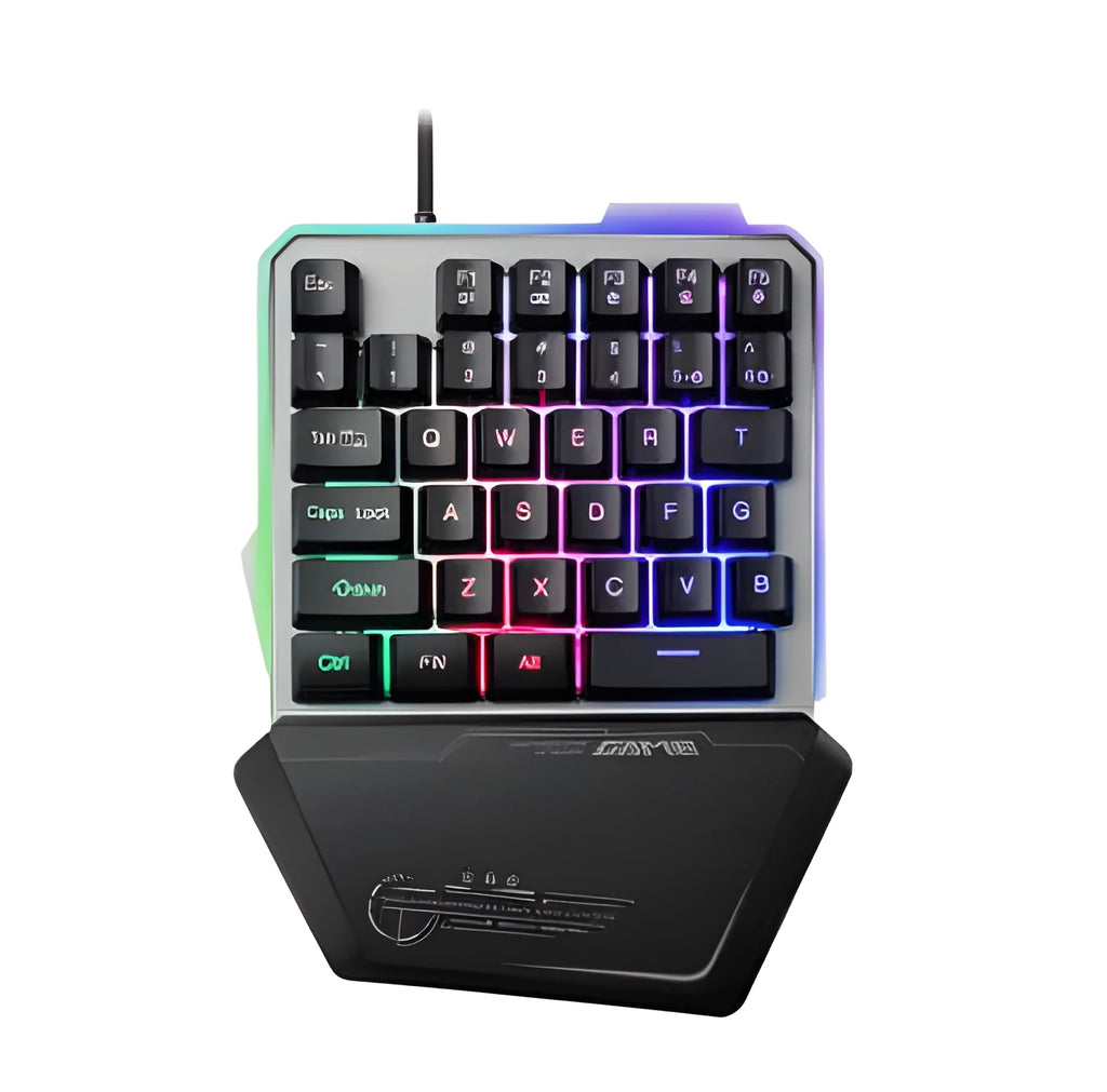 G40 Flow one-handed robotic gaming keyboard in Metal Lantern colour with RGB backlit keys.