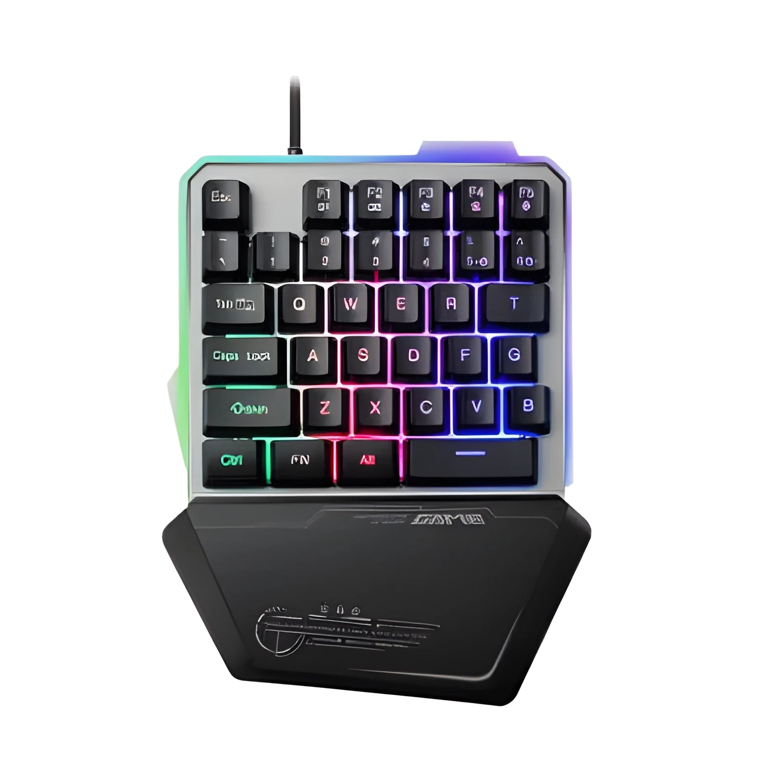 Black robotic one-handed keyboard with RGB backlit keys on a desk.