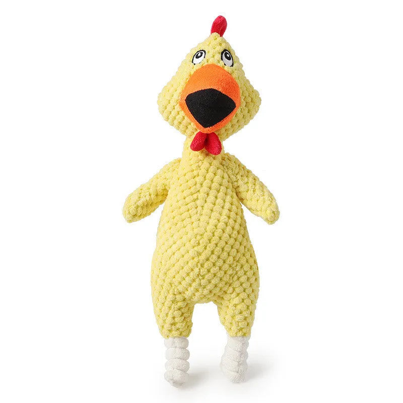 Pink pineapple velvet squeaky pet toy shaped like a chicken, 35cm long, on a white background