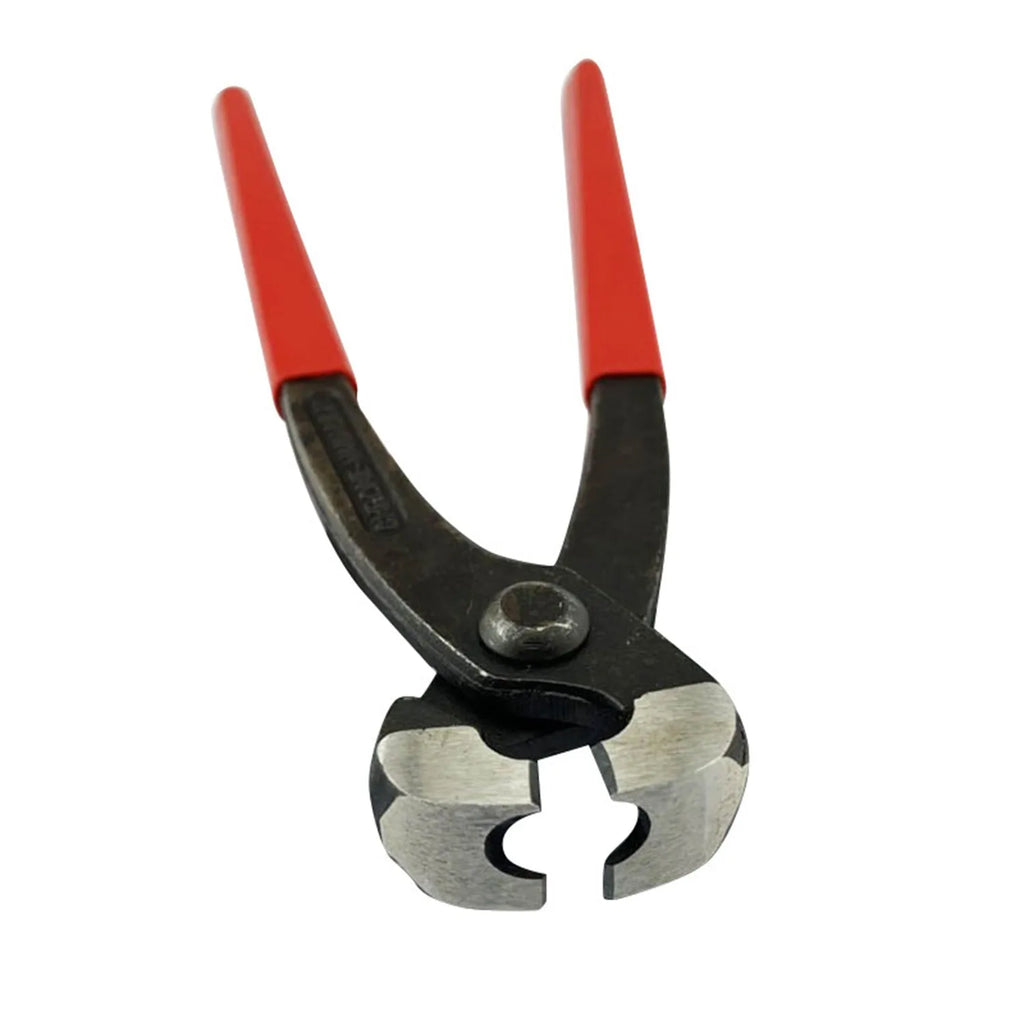 Red cloth-covered single ear PEX clamp with metal body and carbon steel cutting edge.