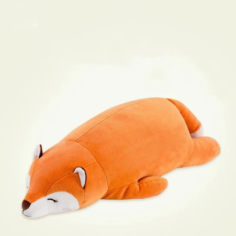 Cute fluffy fat orange fox plush toy on a white background, showing its chubby cartoon shape and soft fabric