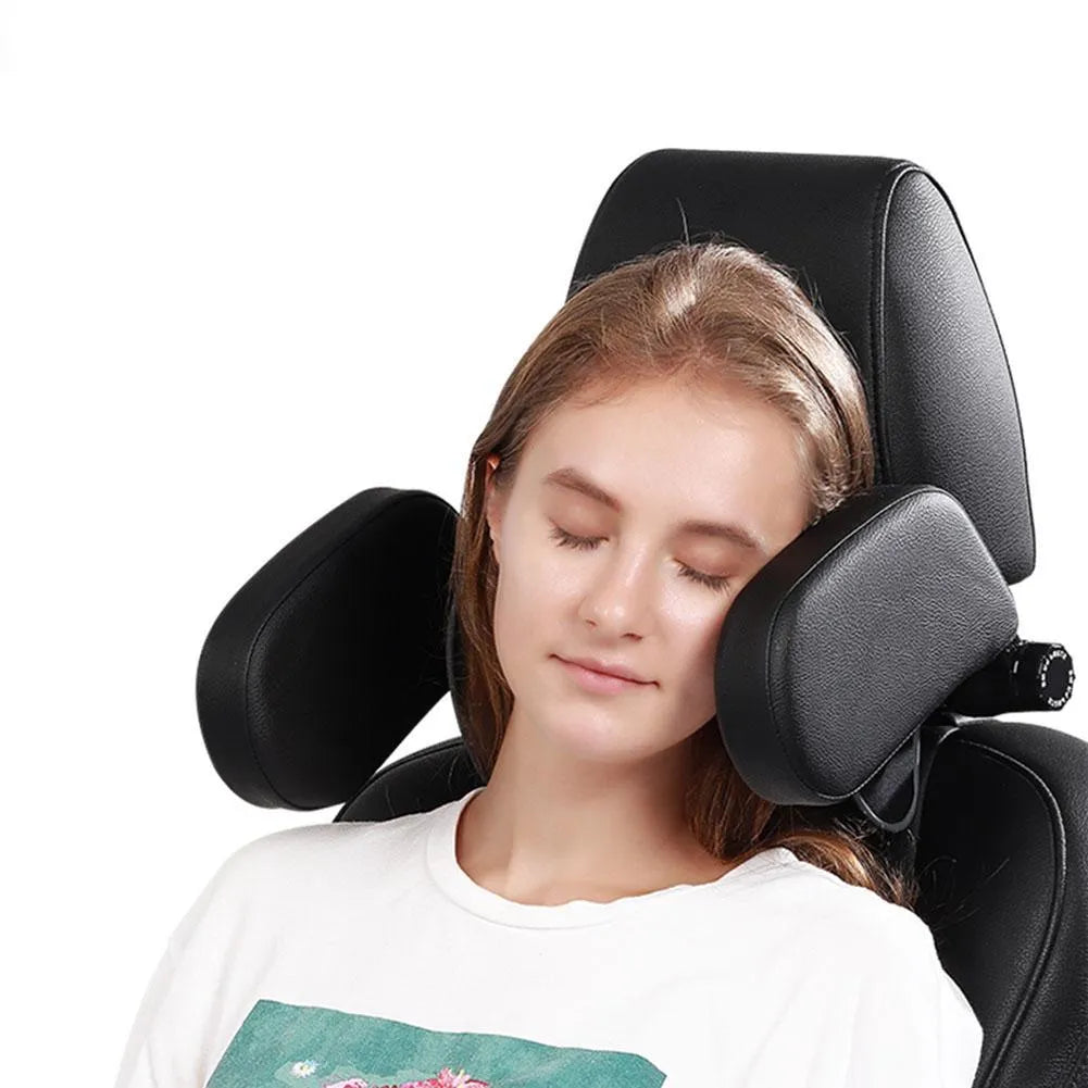 Car headrest neck pillow with memory foam padding, adjustable width and height, leather cover in black with red