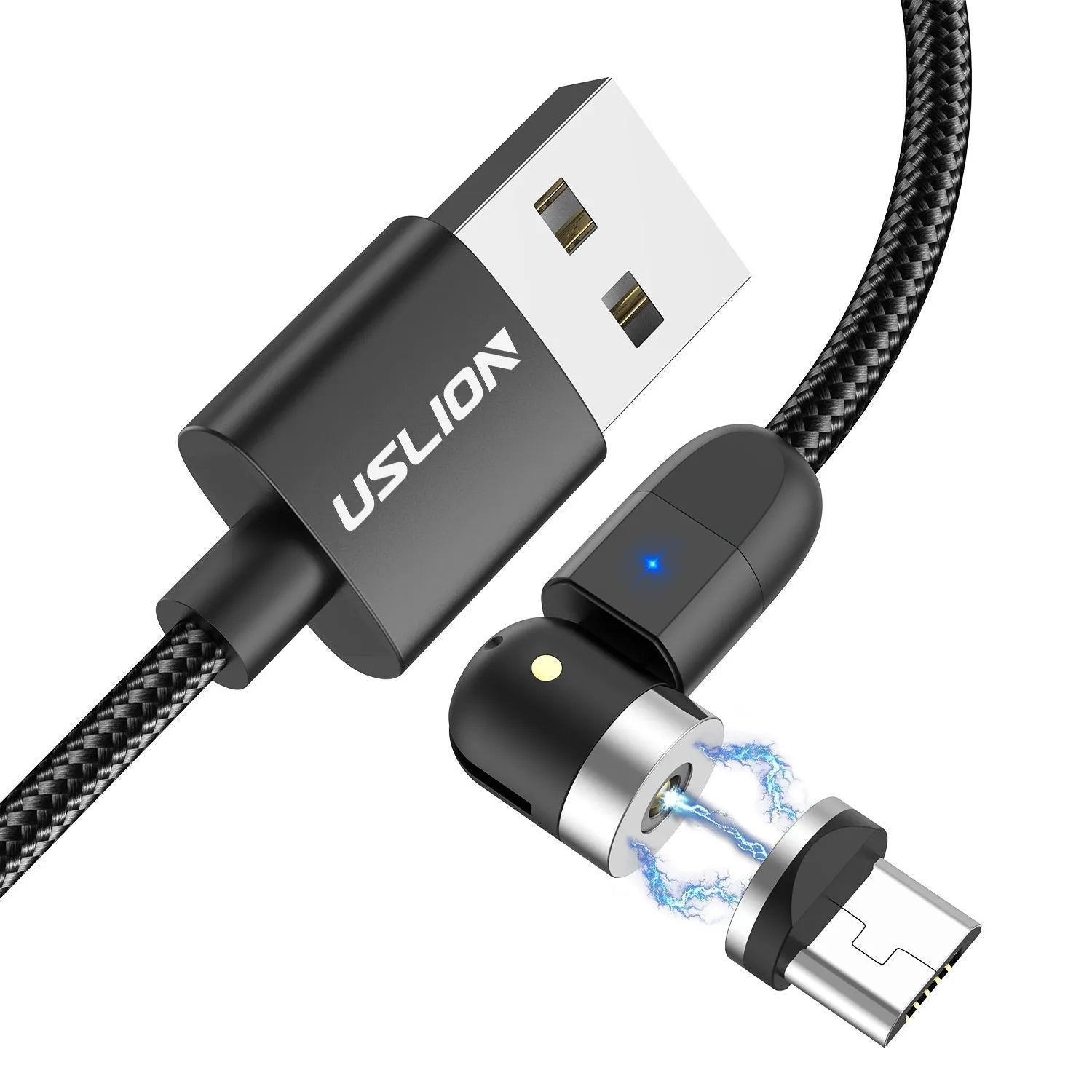 540° magnetic three-in-one data cable with aluminium alloy connector, TPE jacket, and LED indicator light on a table next to a smartphone