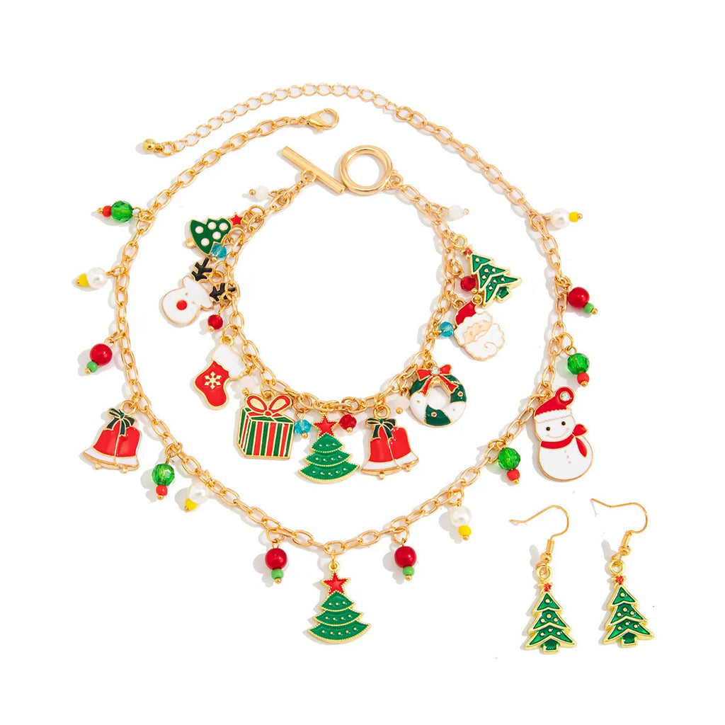 Gold Christmas tree candy snowman pendant necklace on clavicle chain for women