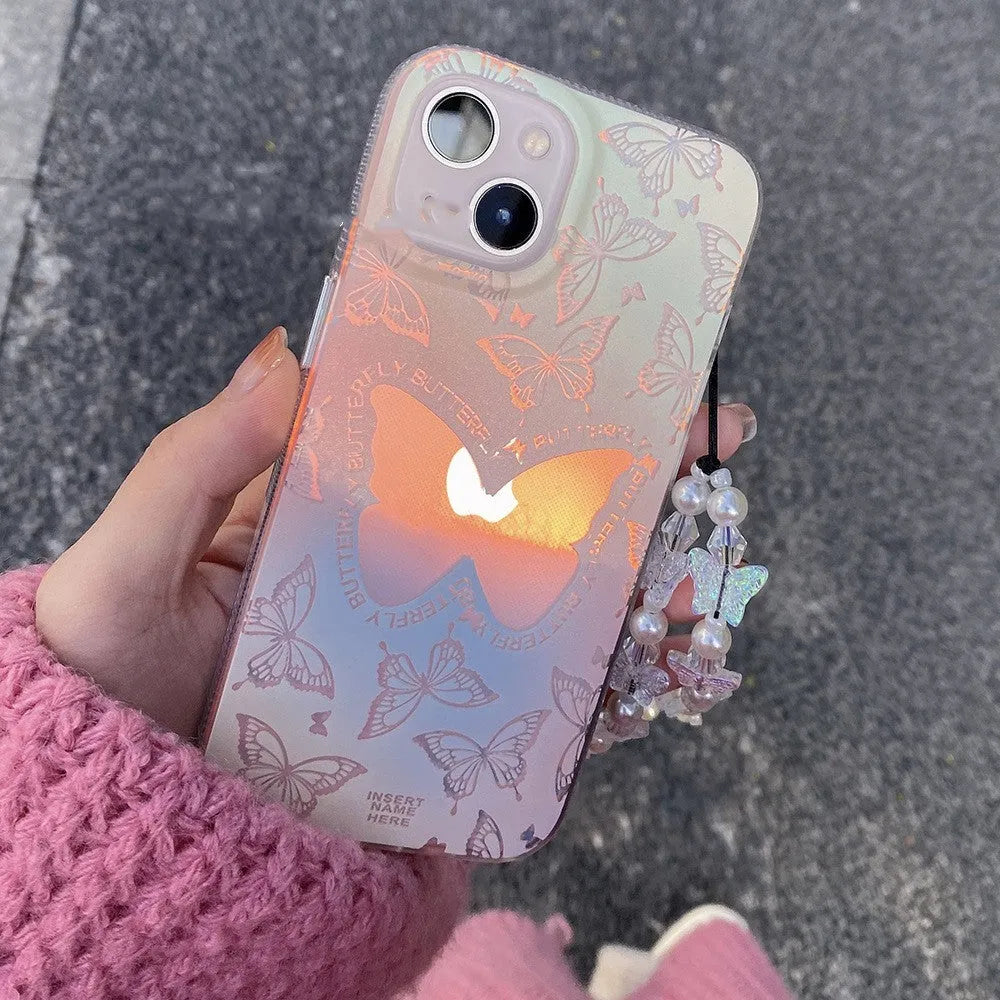 Laser gradient butterfly women's TPU phone case on iPhone 13, showing butterfly pattern and chain option