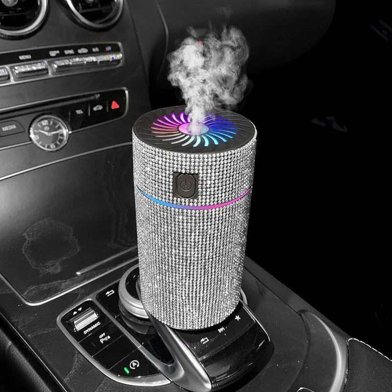 Car-mounted air purifier humidifier unit showing compact design and USB power connection