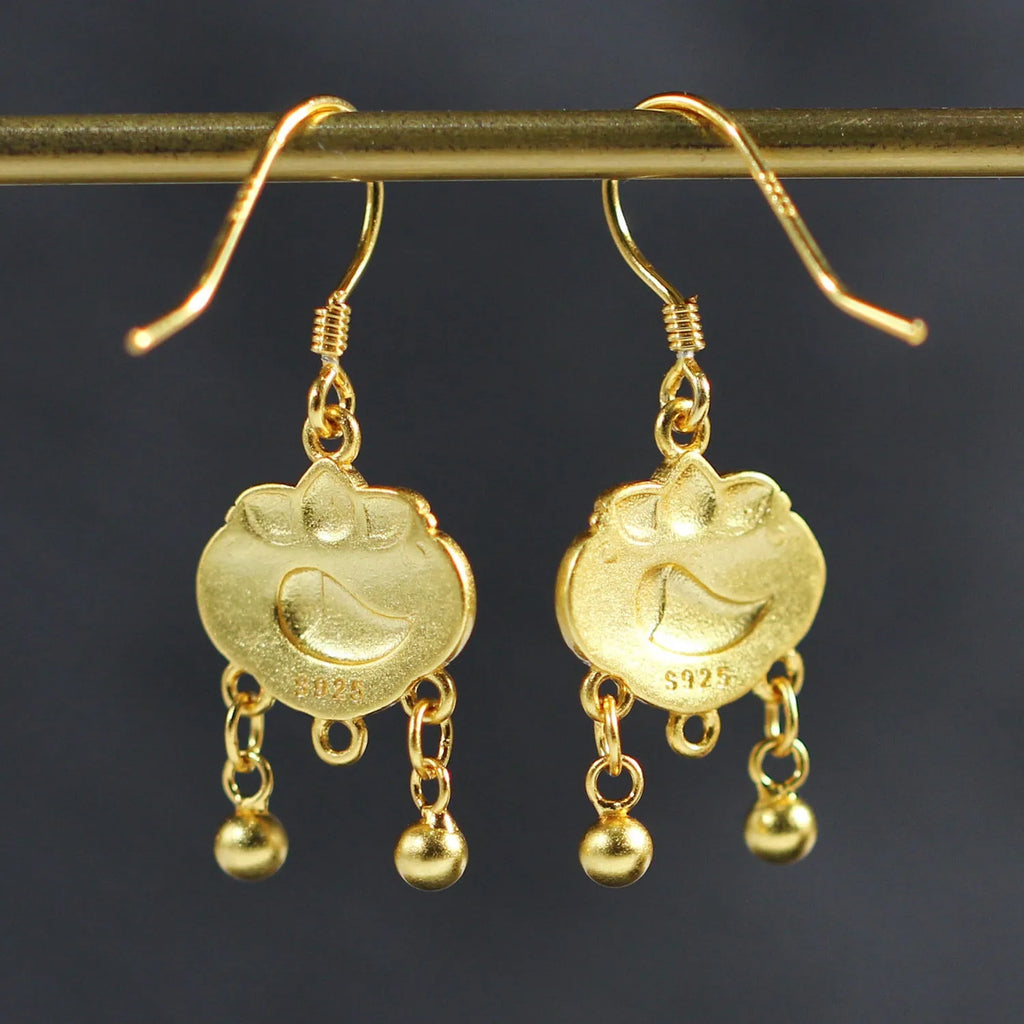 Pair of 925 silver Chinese style auspicious lock eardrops with koi carp and text motif on ear hook fitting