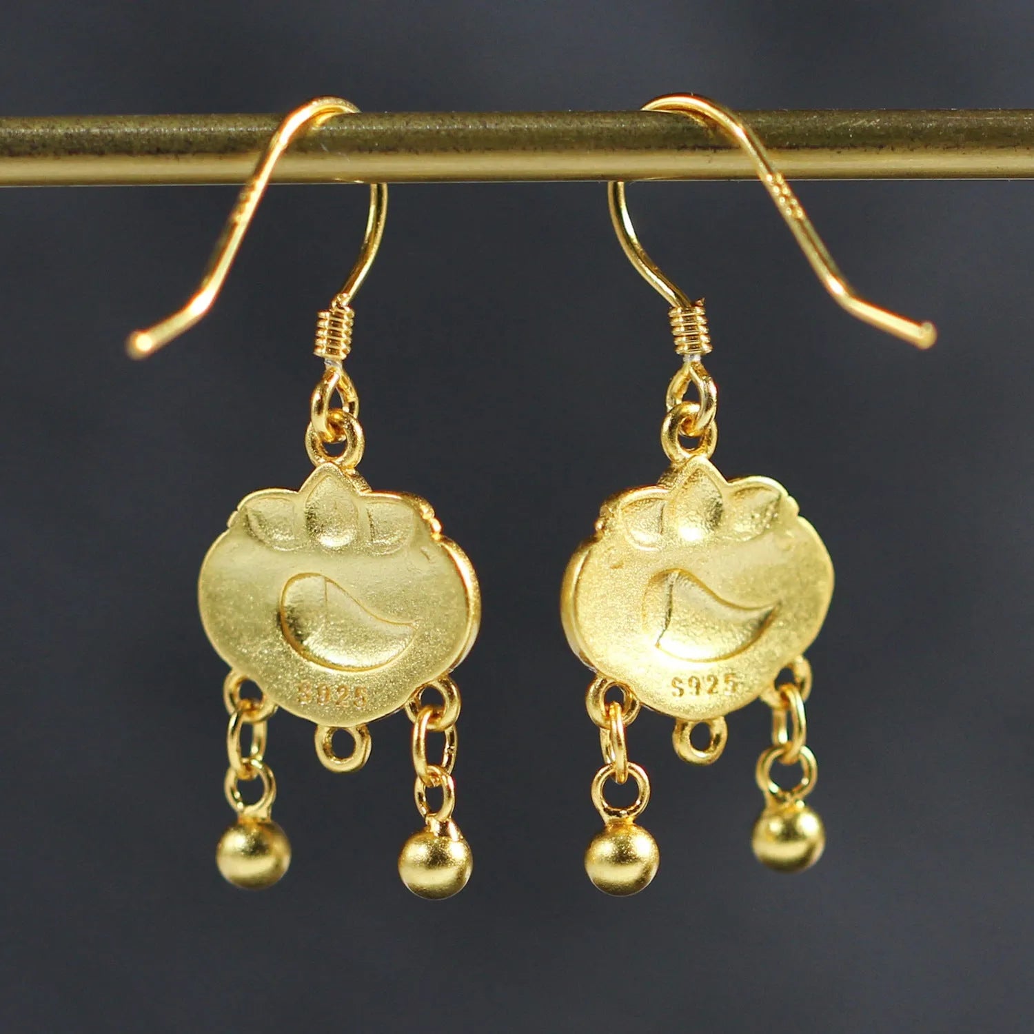 Pair of 925 silver Chinese style auspicious lock eardrops with koi carp and text motif on ear hook fitting