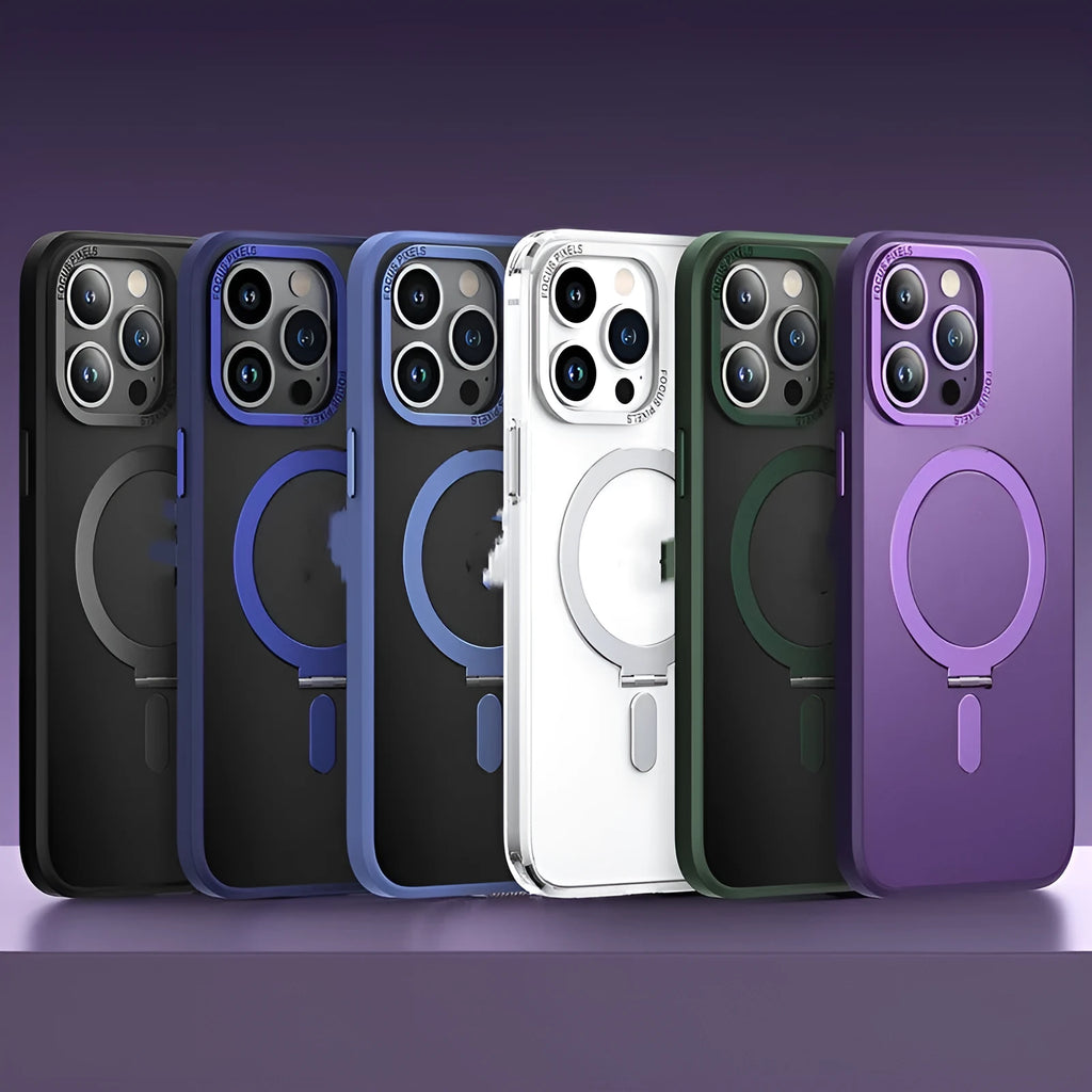 Magnetic charging phone case holder with invisible bracket for iPhone 11-15, black TPU PC sleeve