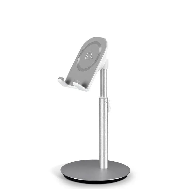 Silver metal desktop phone and tablet holder showing adjustable design for 3-11 inch mobile devices