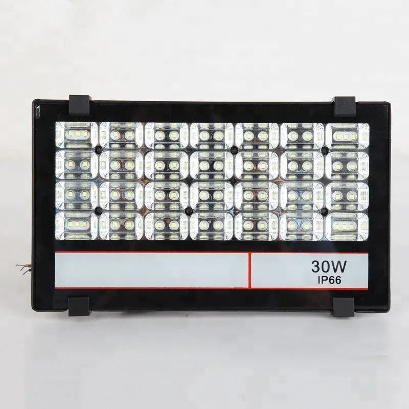 Black Angel Eyes 30W LED projection light with aluminium alloy body and tempered glass lampshade for stadiums and parks.
