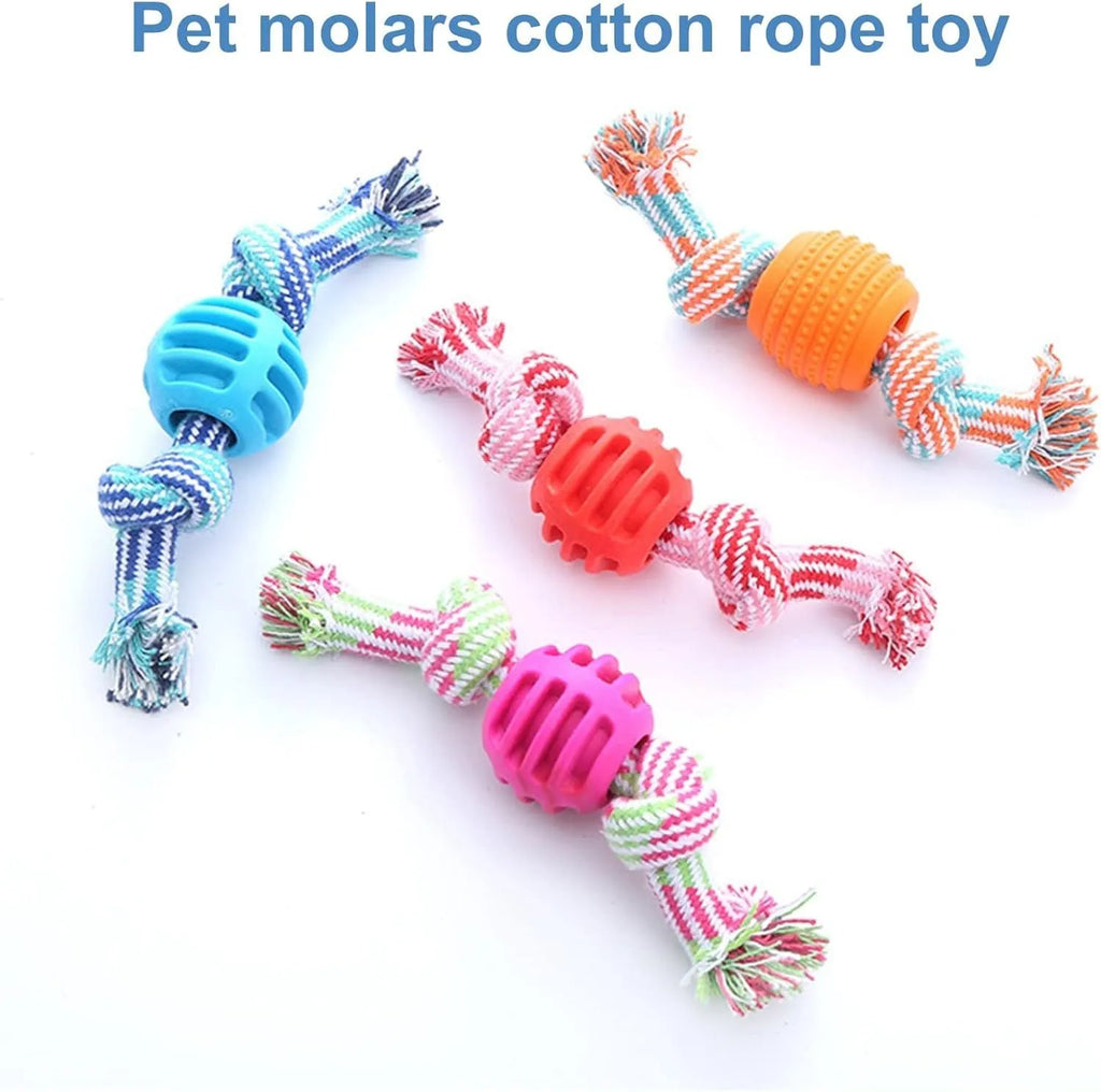 Blue dog chew toy with a textured molar shape and integrated knotted ropes on a white background.