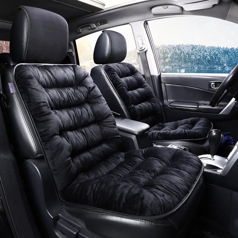 Universal winter warm plush car seat cushion in beige, fitting front seat of a car with elastic strap