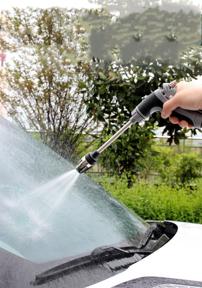 High-pressure car wash water gun set in grey with foam pan and water hose