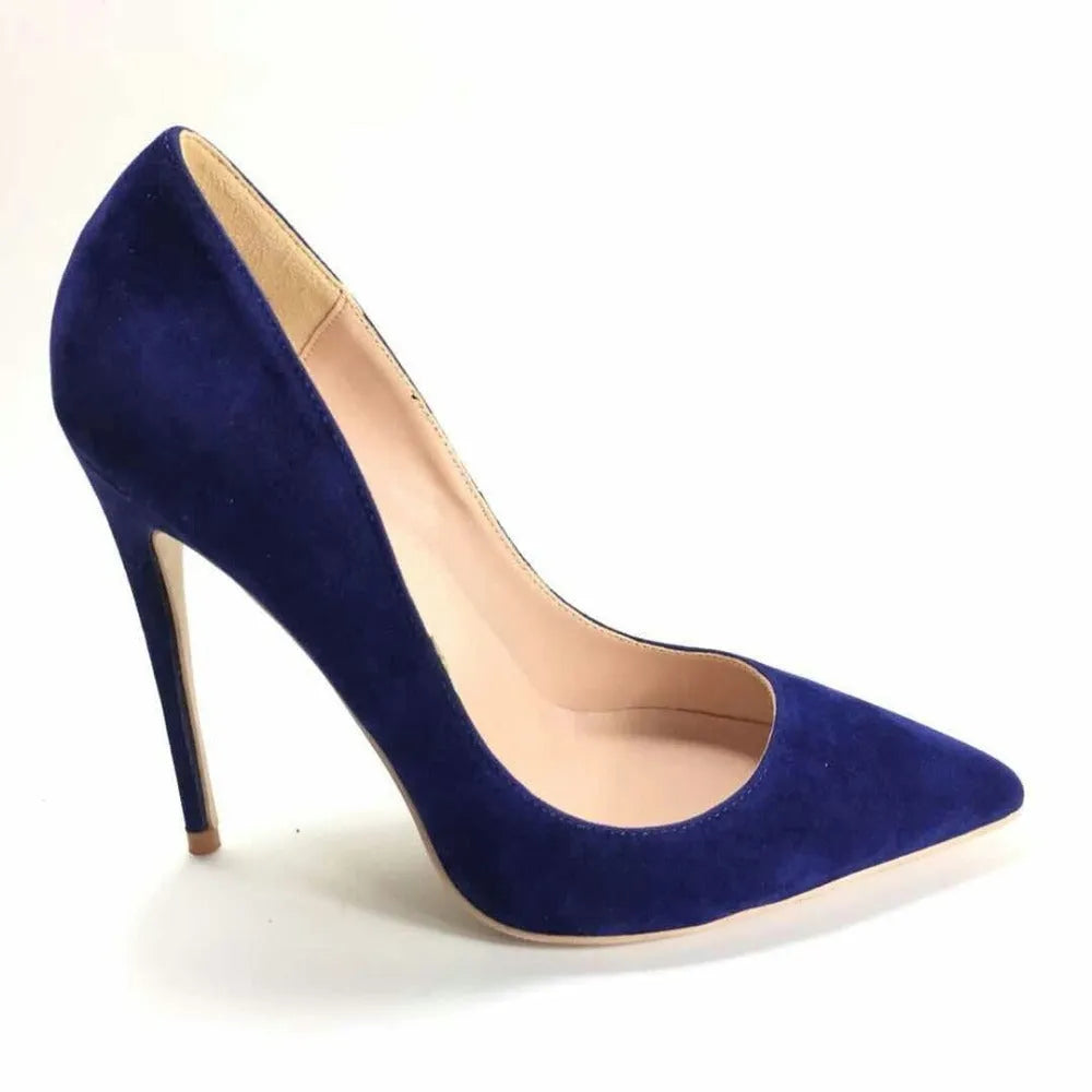 Blue suede stiletto heels pointed toe shallow mouth super high heel women's shoes side view