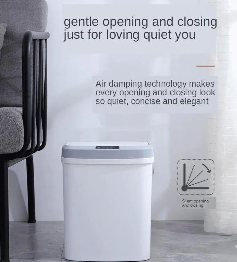 Smart induction trash can in black with lid closed, stereo dual-mode sensor bin for kitchen or toilet use