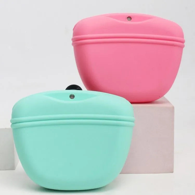 Silicone dog training treat pouch with magnetic closure and metal clip in assorted colours.