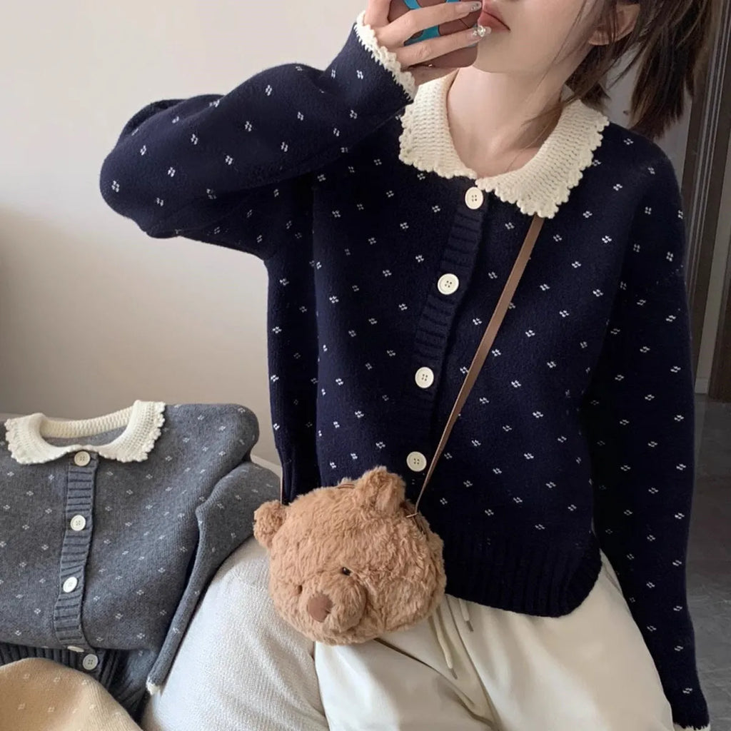 Retro Peter Pan collar knitted cardigan with floral embroidery in navy blue colour