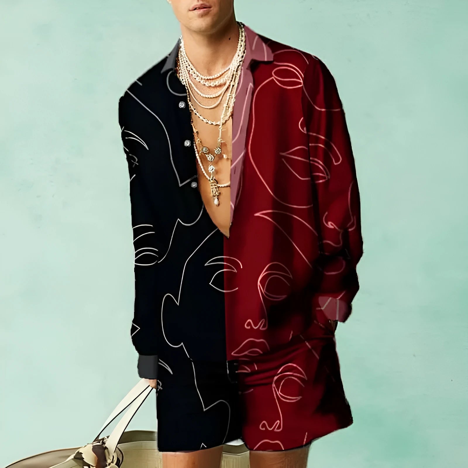 Men's slim-fit polyester long-sleeved shirt and matching shorts set on a hanger.