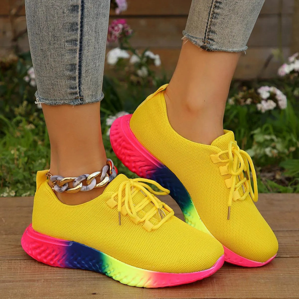 Women's plus-size rainbow low stretch pumps in white, flat heel, round toe, lace-up front, breathable mesh lining