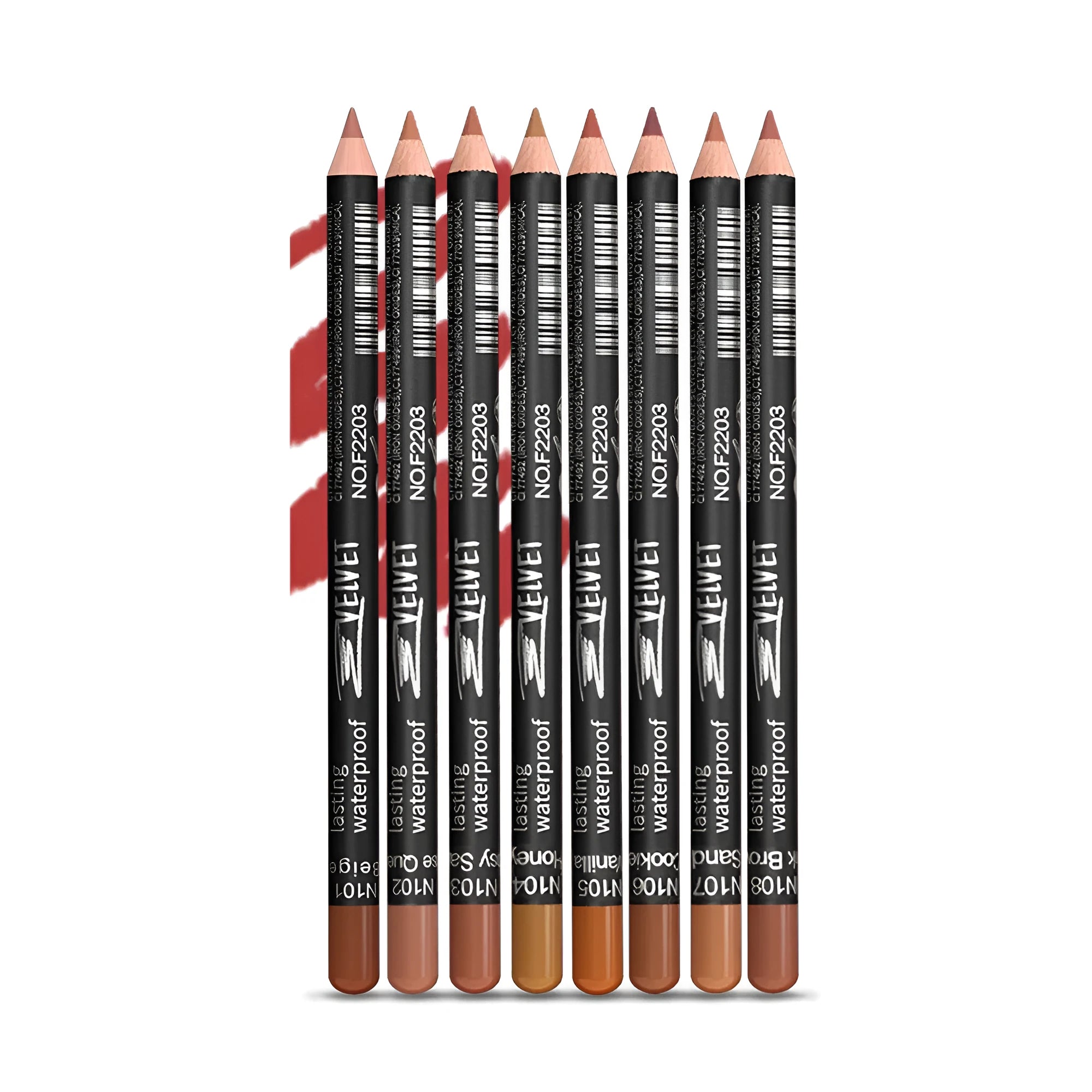 Matte finish lip liner pencil in wood-tone shade showing precise tip for 24-hour wear
