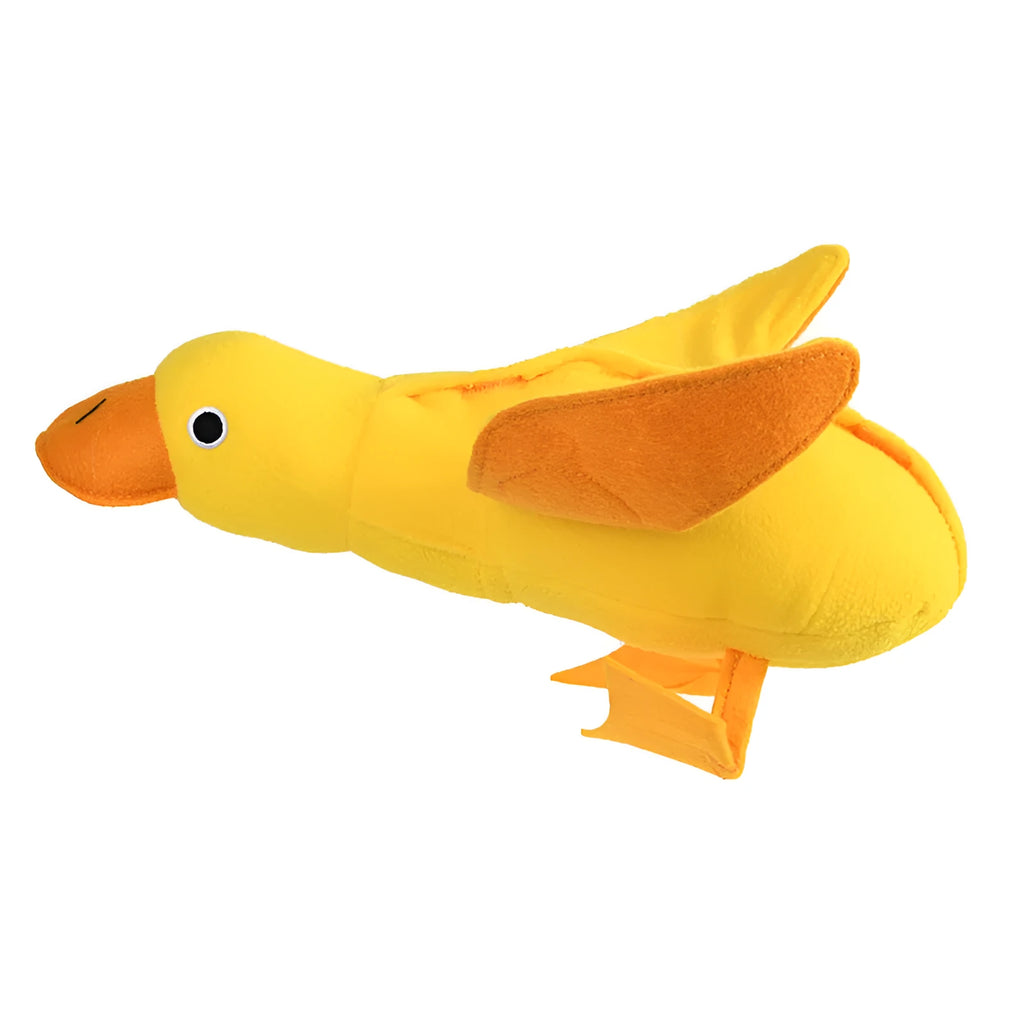 Yellow rubber duck dog toy with squeaker and treat compartment for puppy training and teething.