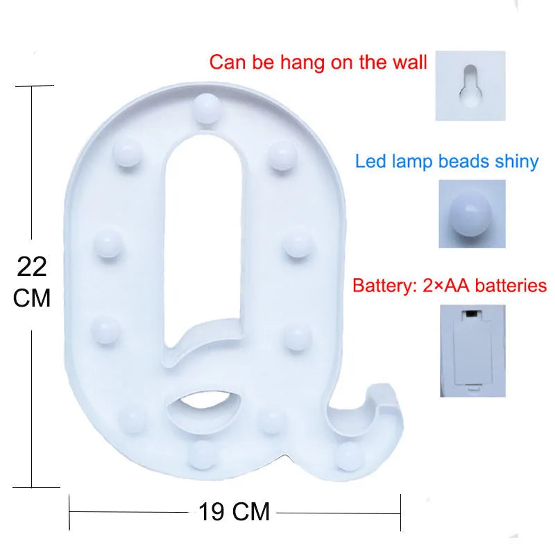 White plastic LED marquee letter sign with warm white glow, 22cm tall