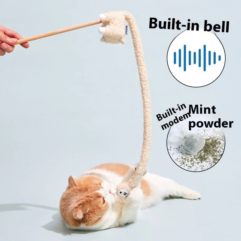 Plush alpaca cat teaser toy with teasing stick in Magic Animal Alpaca design for indoor cat play