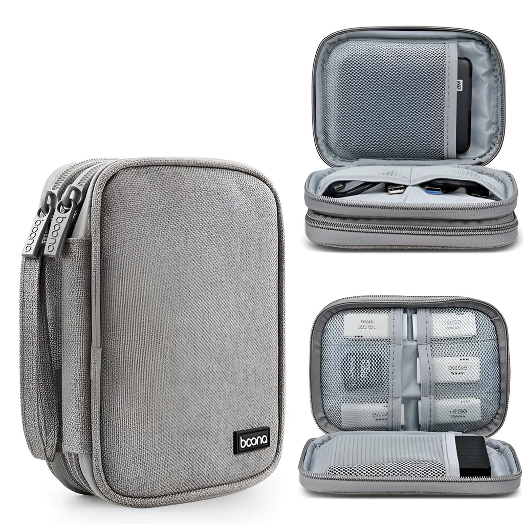 Black and grey oxford cloth protective cover for a 2.5-inch portable hard drive.